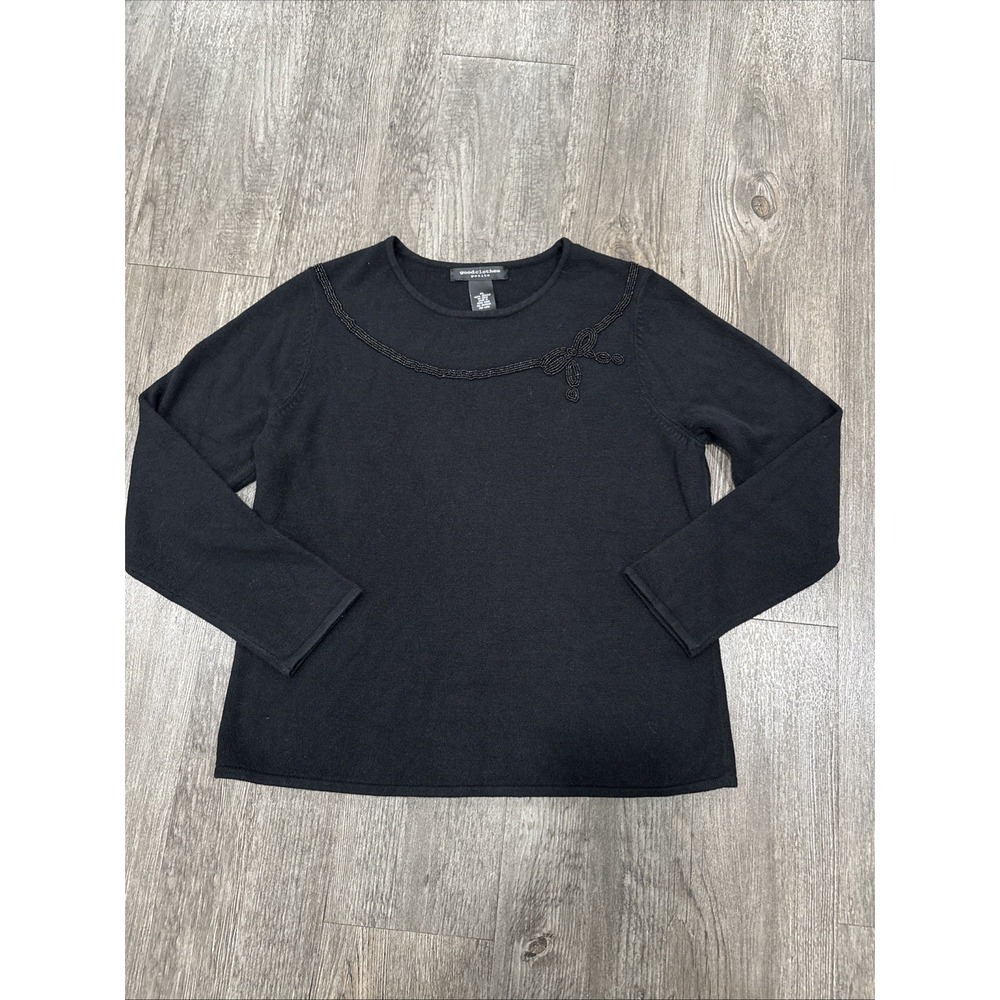 Good Clothes Petite Women’s Black Beaded Bow Long Sleeve PL Sweater Shirt